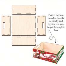 Sturdy Wooden Rustic Christmas Storage Box, Decorated With Santa Claus And Reindeer Patterns, Suitable For Christmas Tree Decorations, Wreaths, Gifts, Holiday Home Decor Gift Box, Seasonal Decoration Storage Box, Holiday Winter Storage Organizer - Multicolor - View 4