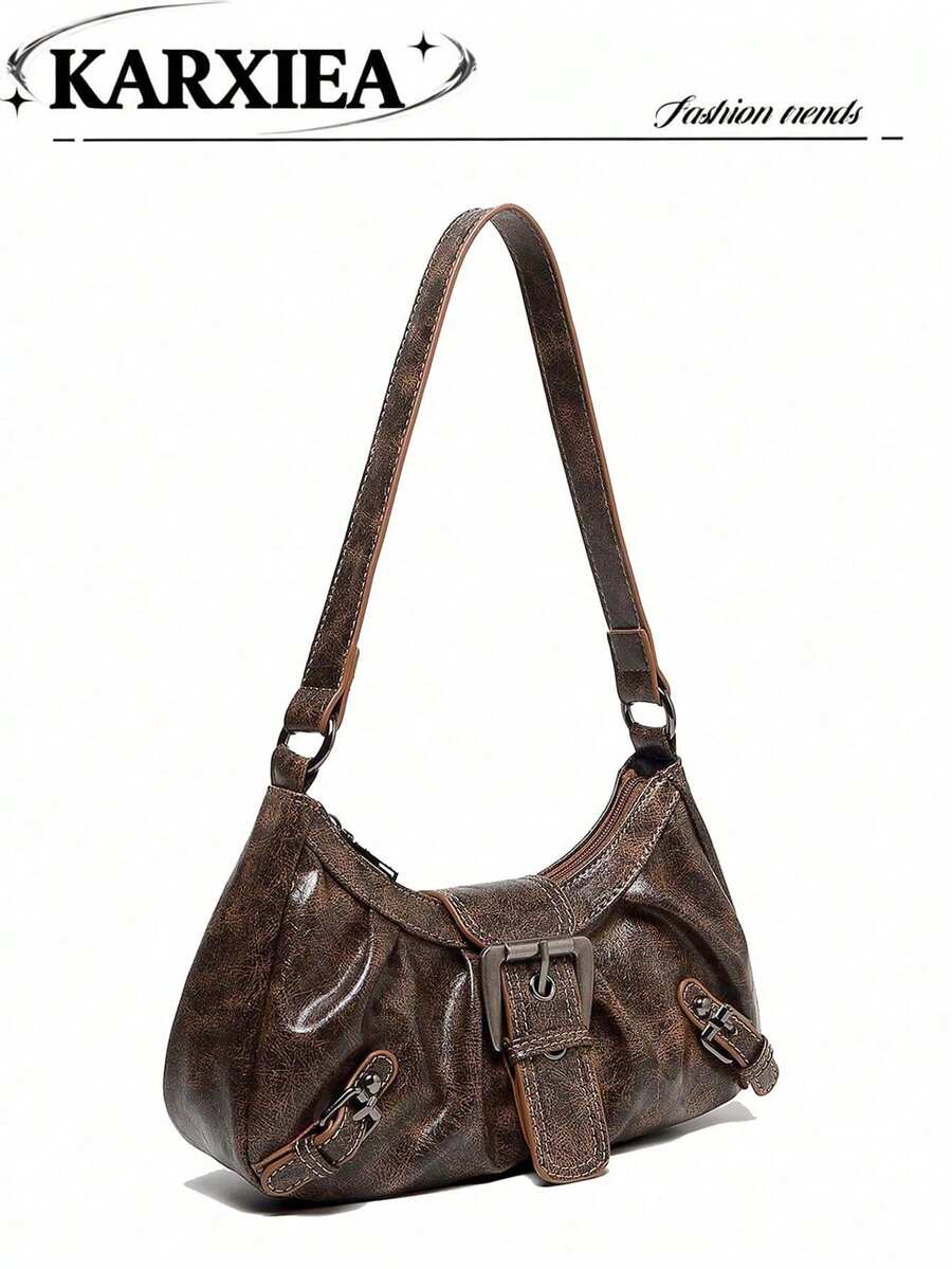 1pc Vintage Distressed Leather Motorcycle Bag, Decorated With Rivets And Buckles, Soft Touch, Folding Details, Cloud Shape, Suitable For Shoulder Or Crossbody Wear, Suitable For Work, Commute, Date And Party Occasions - Brown - View 1