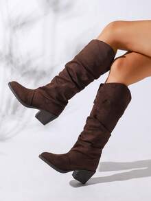 Women's Thick Sole Pointed Toe Faux Suede Ruched Brown Knee-High Boots, Comfortable Versatile Warm Boots, Suitable For Outdoor/Office Wear - Brown - View 5