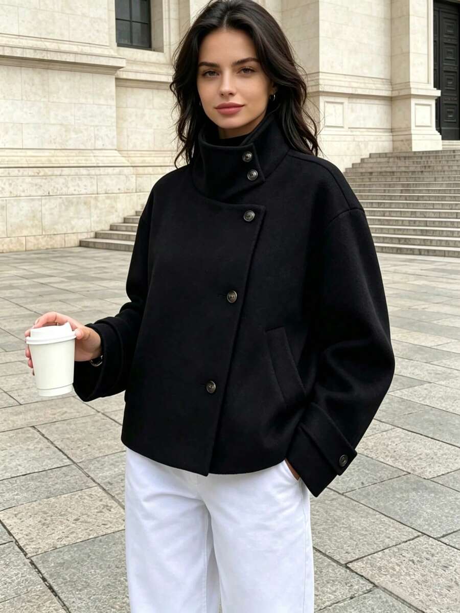سيلو معطف أسود بياقة واقفة بتصميم بسيط جديد للنساء لموضة الخريف/الشتاء - الأسود - مشاهدة 1