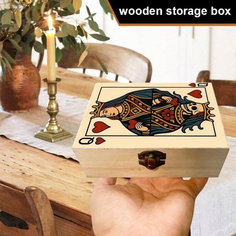 1pc Wooden Storage Box With Queen Of Hearts Playing Card Pattern, Small Jewelry Organizer Box, Keepsake Collection Box, Desktop Organizer, Souvenir Storage, Vintage Home Decor - Multicolor - View 1