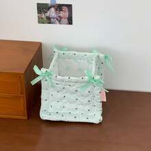 Strawberry Print Quilted Storage Basket, Bow Decor Foldable Fabric Storage Bin, Polka Dot Desktop Organizer, Home Vanity Clutter Storage Box - Multicolor - View 12