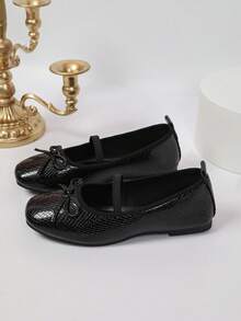 Women's Vintage Ballet Style Bow Snake Print Square Toe Single Strap Flat Shoes - Black - View 8
