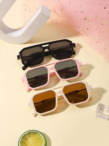 3pcs Kids 3-8Y Solid Color Double Bridge PC Frame Fashion Glasses, Retro Square Style For Party, Vacation And Daily Outings With Glasses Box - Multicolor - View 2