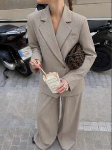 Women's Autumn/Winter New Vintage Textured Striped Suit Set, Lapel Blazer With Wide Leg Pants, Button Decor Formal 2 Pieces Set, Suitable For Commuting, Street, Afternoon Tea, Formal Occasions - Khaki - View 5