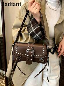 Vintage Punk Silver Rivet & Multi Buckle Saddle Crossbody Bag, Wide Eyelet Strap Faux Leather Motorcycle Shoulder Purse, Y2K Streetwear Small Handbag - Brown - View 1