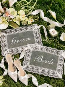 1 Set Bride & Groom/Wedding Chair Back Decor, Elegant Lace Chair Back Decoration With White Satin Ribbon, Romantic Outdoor Ceremony Reception Chair Cover, Country Garden Wedding Bride Table Decor, Wedding Party/Sweetheart Table Party Decoration, Aesthetic - View 10
