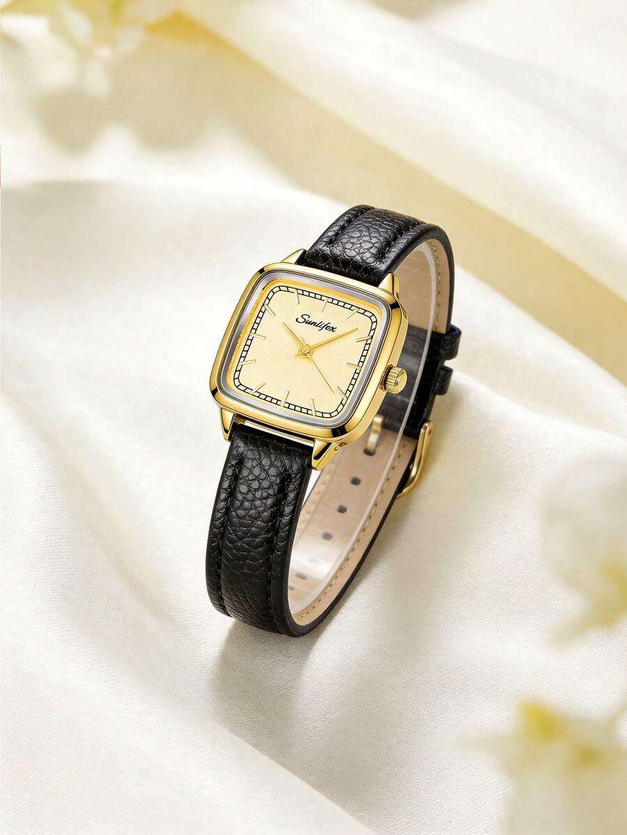 1pc Women Square Retro Quartz Watch, Two-Tone Gold & Silver Case, Champagne Dial, Black Litchi PU Strap, Wristwatch For Daily & Gifting - Black - View 1