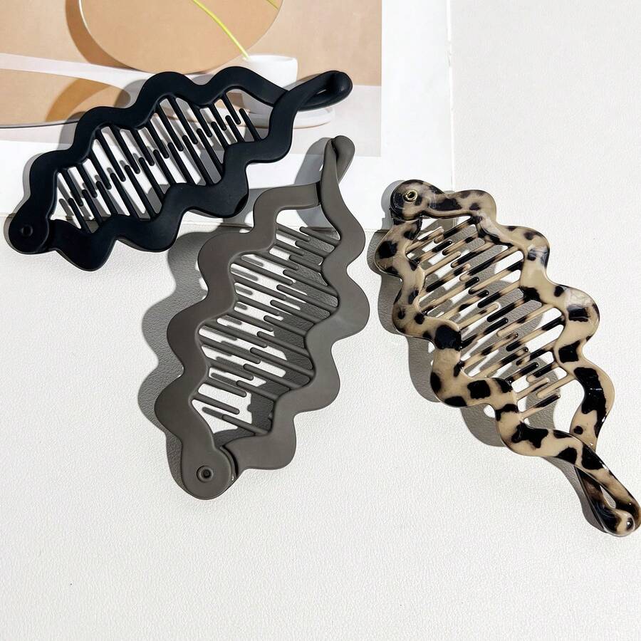 SANDA Women Wavy Hollow Banana Hair Clip, Curved Design Ponytail Holder, Stylish Leopard Print Solid Color Hair Barrette For Daily Hairstyle - Multicolor - View 1
