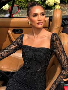 UNITHORSE [Random Cut] Square Neck Long Sleeve Cinched Waist Sequin Evening Dress - Black - View 1