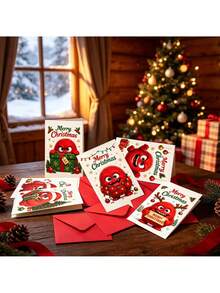 6Pcs Christmas Greeting Cards With 6 Envelopes, Cute Red Fluffy Monster Xmas Note Cards, Merry Christmas Holiday Cards For Family Friends Gift Greeting - Multicolor - View 8