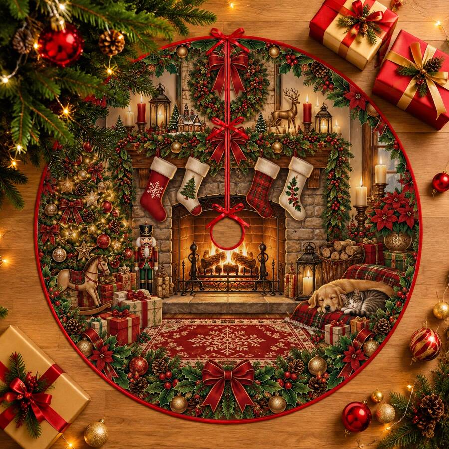 1pc Fireplace Pattern Christmas Tree Skirt, Elegant Color Holiday Decoration, 5 Sizes, Unisex Holiday Gift, Suitable For Home And Party Christmas Home Decor - Fireplace - View 1