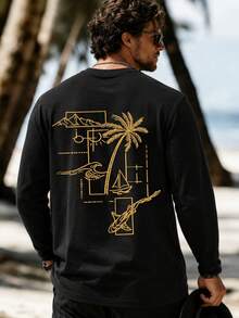 New Men's Casual Relaxed Everyday Versatile Palm Tree Creative Round Neck Long Sleeve T-Shirt - Black - View 1