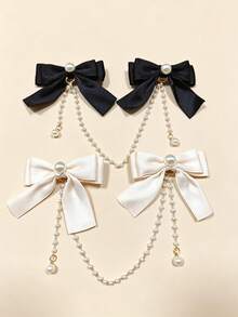 2pcs Mixed Color Hair Clips, Women's Hair Accessories With Faux Pearl Chain Bowknot Hair Clips, Princess Tassel Headpiece For Photo Shoot, Outfit Styling, Girls' Hair Accessories (Paper Card For Display Only) - Multicolor - View 8