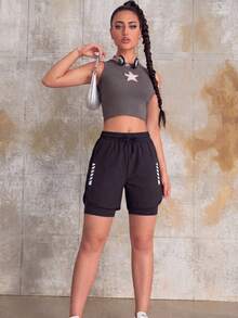 2-In-1 Women Sports Shorts, Solid Color Lining 2 In 1 Elastic Workout Pants, Suitable For Running, Sports, Yoga, Fitness In Summer - Black - View 4