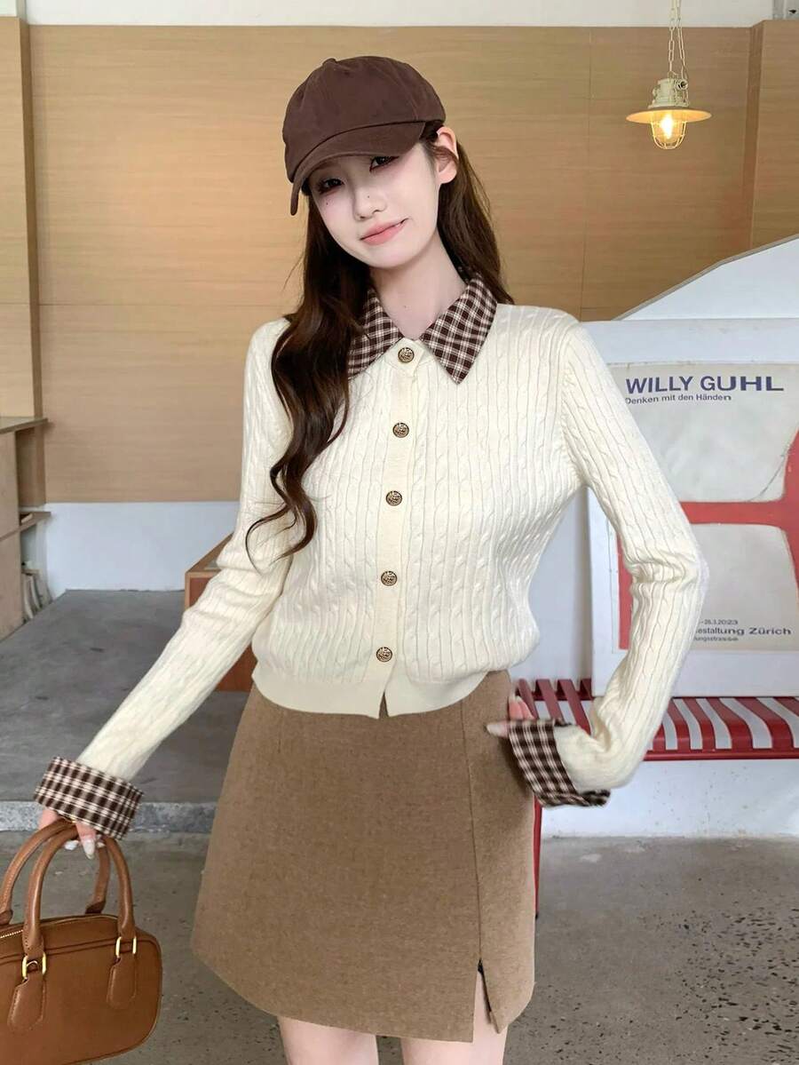 Women's 2-In-1 Knit Cardigan Sweater, Spring Outfit, Colorblock Plaid Polo Collar, Preppy Style Top - Apricot - View 1