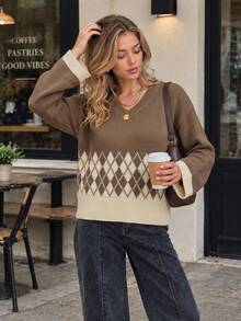 VIBEWAVE Coffee Brown V-Neck Contrast Color Argyle Jacquard Loose Pullover Sweater, European & American College Vintage Style Dropped Shoulder Long Sleeve Knit Top, Autumn/Winter Cafe Street Style Casual Lazy Outerwear - Coffee Brown - View 4