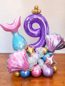 46件組美人魚主題生日氣球套裝，魚尾與貝殼造型 40英吋紫色 0-9數字鋁箔氣球，主題派對場景裝飾 - 彩色 - 查看 12