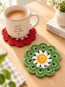 2pcs/Set Floral Crochet Coaster Set, Handmade Knitted Flower Round Drink Coaster, Boho Table Cup Mat, Heat‑Resistant Decorative Coaster For Room Decor Kitchen Accessaries Christmas Gifts. Saudi Today - Multicolor - View 2