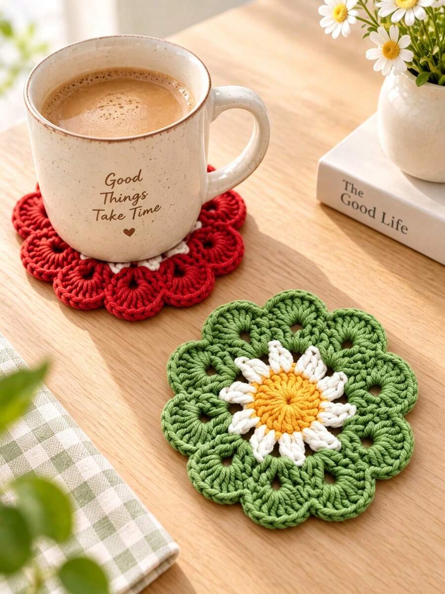 2pcs/Set Floral Crochet Coaster Set, Handmade Knitted Flower Round Drink Coaster, Boho Table Cup Mat, Heat‑Resistant Decorative Coaster For Room Decor Kitchen Accessaries Christmas Gifts. Saudi Today