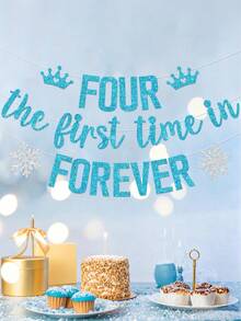 1pc Four The First Time In Forever 4th Birthday Banner, Snowflake Theme Princess Happy 4th Birthday Party Decoration - Multicolor - View 5
