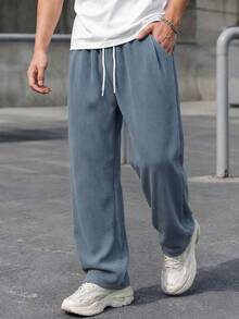 1pc Tween Boys Vintage Corduroy Textured Vertical Striped Wide Leg Loose Relaxed Fit Floor-Length Casual Pants - Blue - View 7