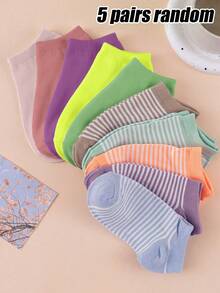 1 Pair/3 Pairs/5 Pairs/10 Pairs Random Style Women's Macaron Striped Casual Socks, Soft And Skin-Friendly, Suitable For Spring And Summer Daily Wear - Multicolor - View 8