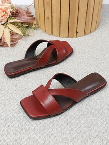 Women's Flat Sandals, Spring/Summer New Versatile Soft Sole Beach Slippers, Fashionable Roman Style Sandals For Women - Burgundy - View 5