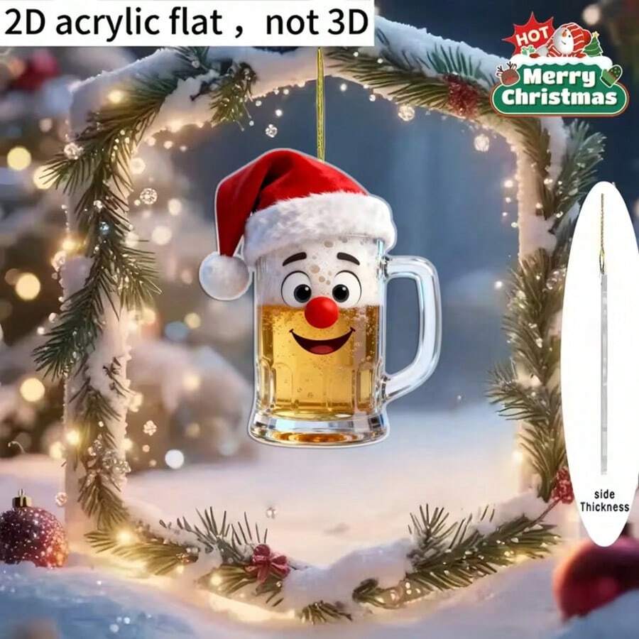 2DFlat، قطعة واحدة من نمط كوب البيرة الكرتوني ثنائي الأبعاد لعيد الميلاد، زينة معلقة على شكل شجرة عيد الميلاد، ديكور معلق للعطلات، قلادة زخرفية من الأكريليك، قلادة زخرفية لمرآة السيارة الخلفية، إكسسوار للحقيبة والمفاتيح، إكسسوار السيارة