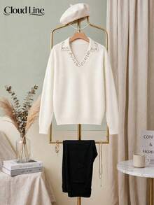 Plus Size Women's Rhinestone Lapel V-Neck Sweater, Long Sleeve Loose Fit Slimming Knit Pullover, Autumn/Winter Commute Casual Warm Top - Beige - View 3