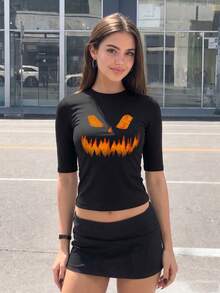 Women's High Neck Short Sleeve Pumpkin Print Cropped Knit T-Shirt, Autumn Essential - Black - View 4