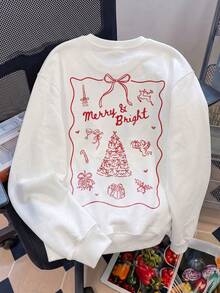 Women's Merry & Bright Print Sweatshirt, Loose Long Sleeve Crew Neck Pullover, Ribbed Hem, Suitable For Autumn And Casual Urban Wear - White - View 2