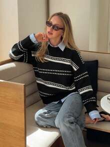 OJOK Korean Style New Round Neck Contrast Color Striped Loose Casual Women's Sweater - Black - View 6