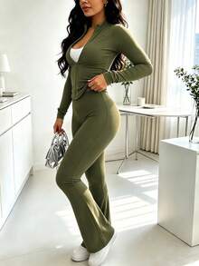 Spring/Autumn Bestselling Women's 2 Pieces Set, Fashion Slim Fit Solid Color Zip-Up Jacket And Pants, Lightweight Polyester Fitness Yoga Fabric - Olive Green - View 5