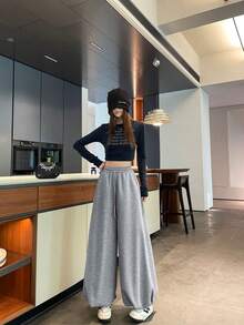 Women's Sports Drawstring High Waist Loose Casual Lantern Pants - Grey - View 7