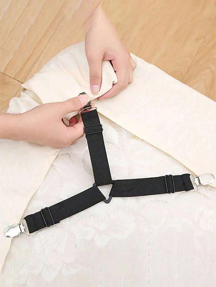 4pcs Black, White Adjustable Elastic Bed Sheets With Transparent Clips - Non-Slip, Easy To Clean Nylon Fasteners For Securing Bedding And Sofa Cushions
