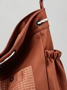 Vintage Brown Drawstring Tote Bag For Women, Large Capacity Casual Shoulder Bag, Patchwork Plaid Pocket Letter Print Canvas Commuter Bag - Orange - View 3