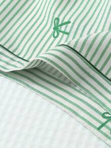 2pcs Set Comfortable Striped Bow Print Pajama Set, Short Sleeve Lapel Top With Pocket And Bow Shorts, Women's Sleepwear Loungewear - Green - View 8