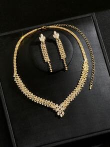 Women's Jewelry Necklace & Earrings Set, Rhombus Pattern Street Style 2-Piece Set, Bridal Accessories For Wedding Season - Gold - View 3