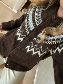 Women's Vintage Fair Isle Pattern Button-Up Cardigan Knit Sweater Long Sleeve Winter Top - Brown - View 3
