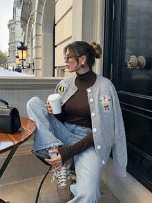 Women's Grey Cardigan Sweater, Bee & Floral Applique Design, Autumn/Winter Fashion Long Sleeve Button Knit Top - White - View 2