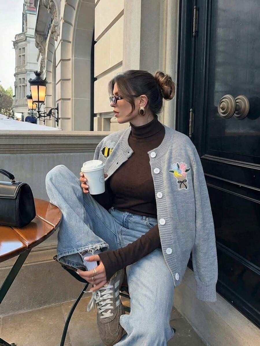 Bee And Flower Applique Button Front Cardigan Sweater For Women, Ribbed Trim, Long Sleeve, Grey Knit, Cute Casual Fall Winter Outfit Top - White - View 1
