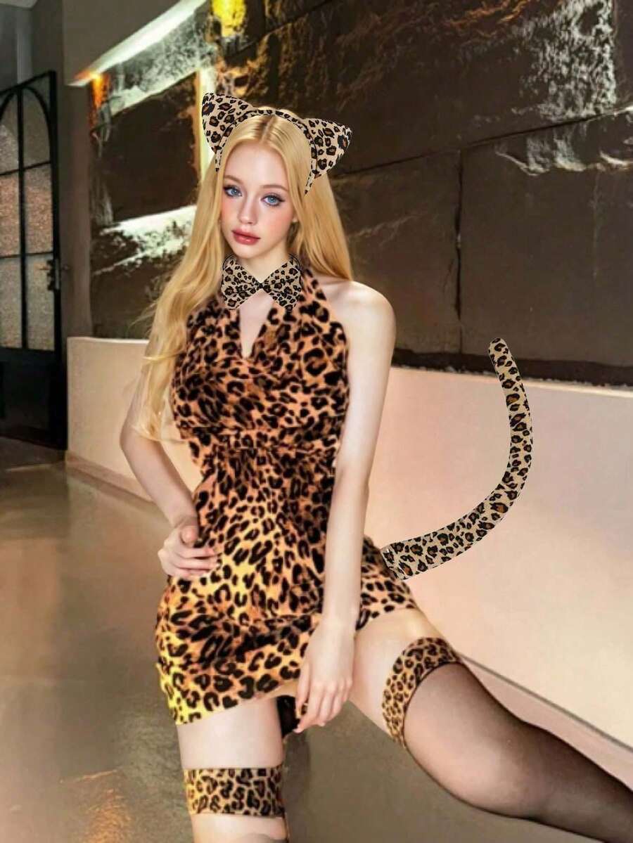 3-Piece Cute Fun Cheetah Costume Accessories - Includes Cat Ear Headband, Tail And Bow, Suitable For Carnival, Festival And Party