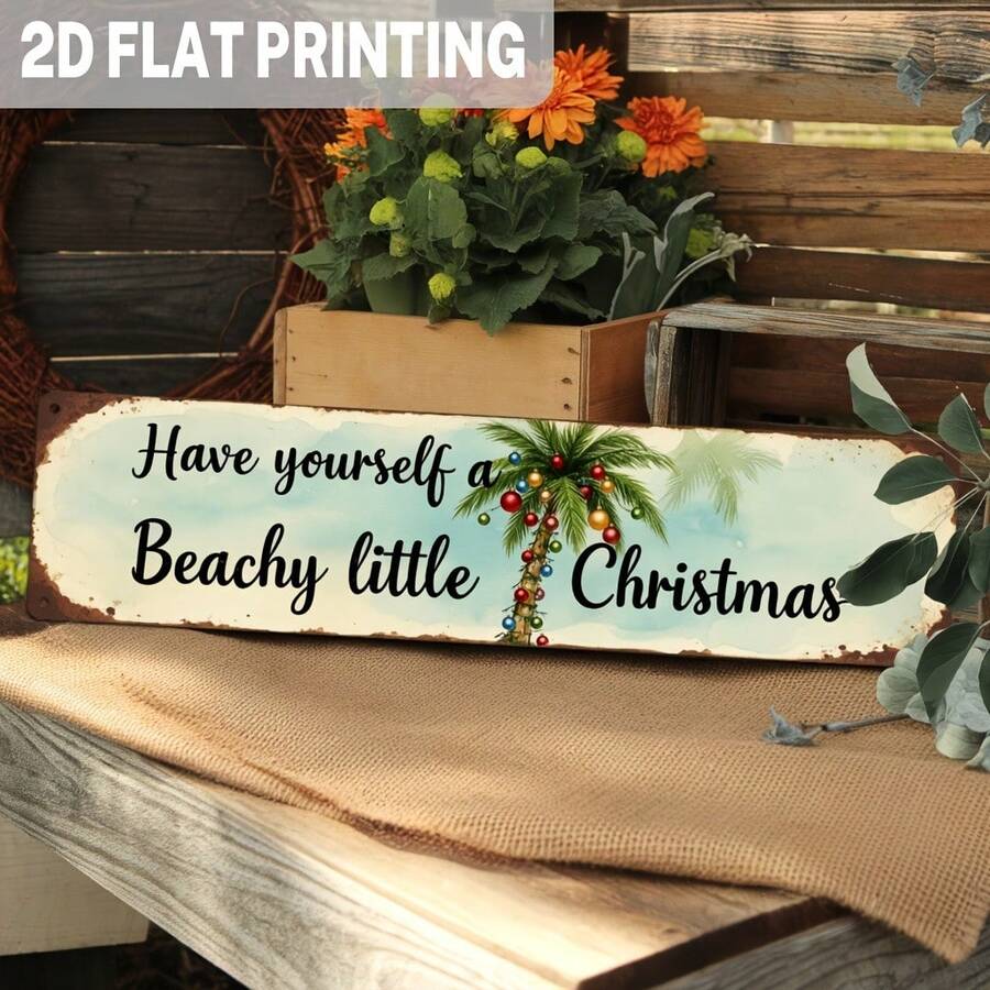 2D Flat, 1pc, Vintage "Merry Christmas" Metal Sign, Tropical Holiday Theme, Wall Decor, Suitable For Living Room, Patio, Beach House, Cafe, Office, Decorative Sign (Random Style) - A - View 1