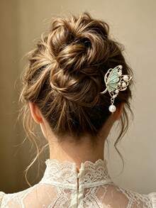 1pc French Style Metal Hollow Butterfly U-Shaped Hair Pin With Green Oil-Drip Textured Pearl Pendant, Bridal Banquet Back-Of-Head Updo Hair Accessory - Multicolor - View 1
