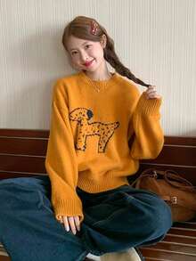 Women's Round Neck Puppy Pattern Long Sleeve Sweater, Winter Outfit - Burnt Orange - View 5