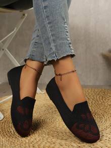 Vintage Jacquard Knit Slip-On Shoes, Soft Sole Lightweight Slip-On Flat Shoes For Commuting And Casual Wear - Black - View 5