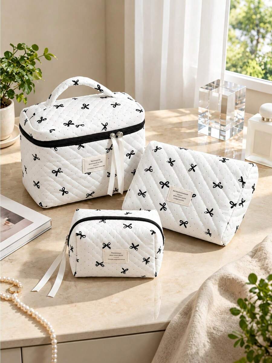 Black Bow Print Quilted Makeup Bag Set, Multi‑Size Zipper Cosmetic Pouch, Portable Travel Toiletry Storage Organizer Bags For Women Daily Use