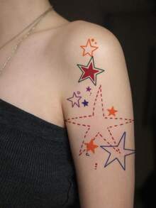 2 Pcs Multicolor Star Temporary Tattoo Stickers, Hollow Outline & Solid Color Stars With Dotted Lines Fake Tattoos, Waterproof Body Art For Upper Arm Forearm - Multicolor - View 2