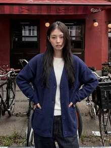 Cardigan Rajut Bergaris Leher V Longgar Lengan Panjang Wanita Panjang Reguler Kancing Depan Sweater Kain Elastis Tinggi Mode Musim Dingin - Biru - View 5